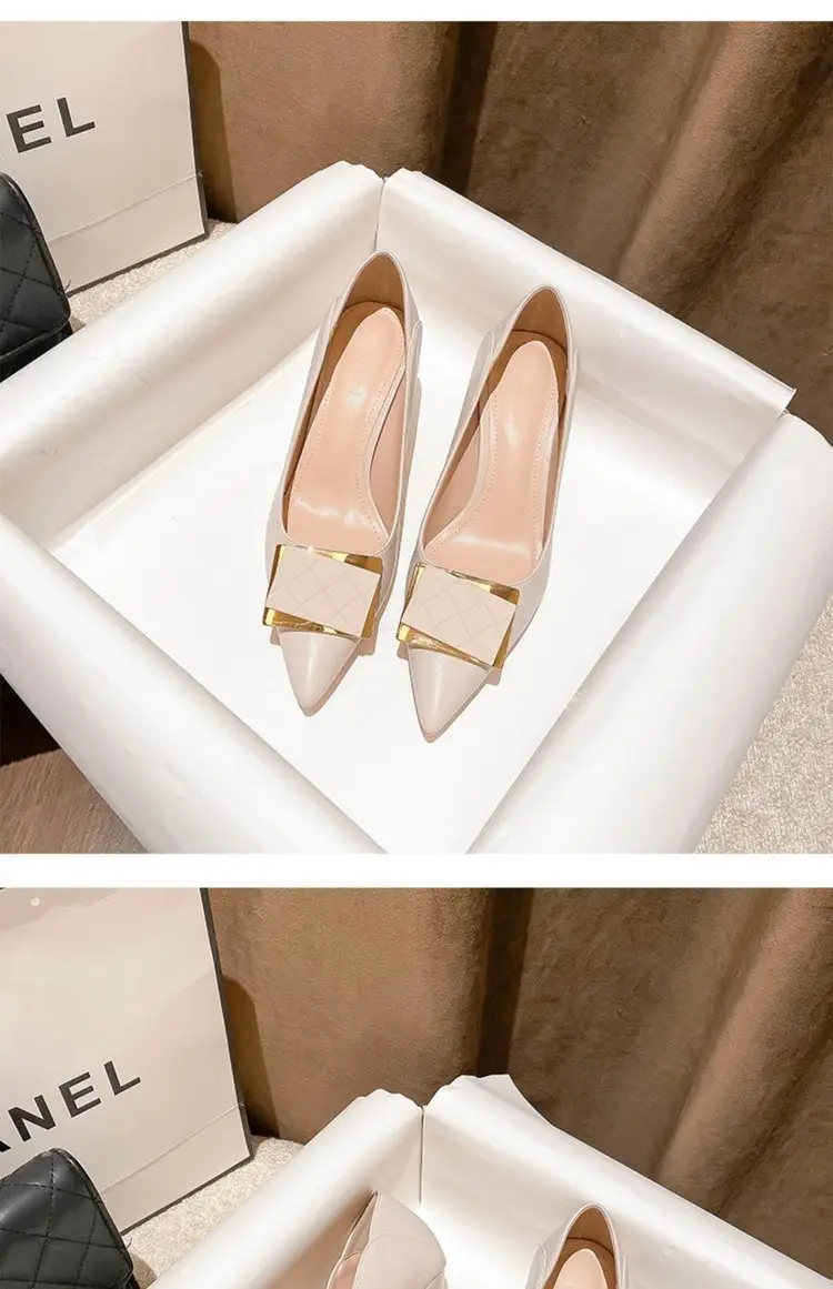 Leather Shoes Women's 2024 Spring New French Style Elegant Soft Leather Pointed Toe Shallow Square Buckle Stiletto Heel All-match High-heeled Shoes — feature 9
