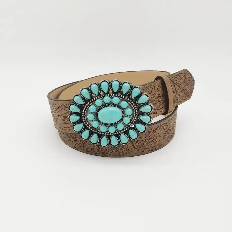 Women's Turquoise Floral Belt with Brown Leather Strap - Image 2