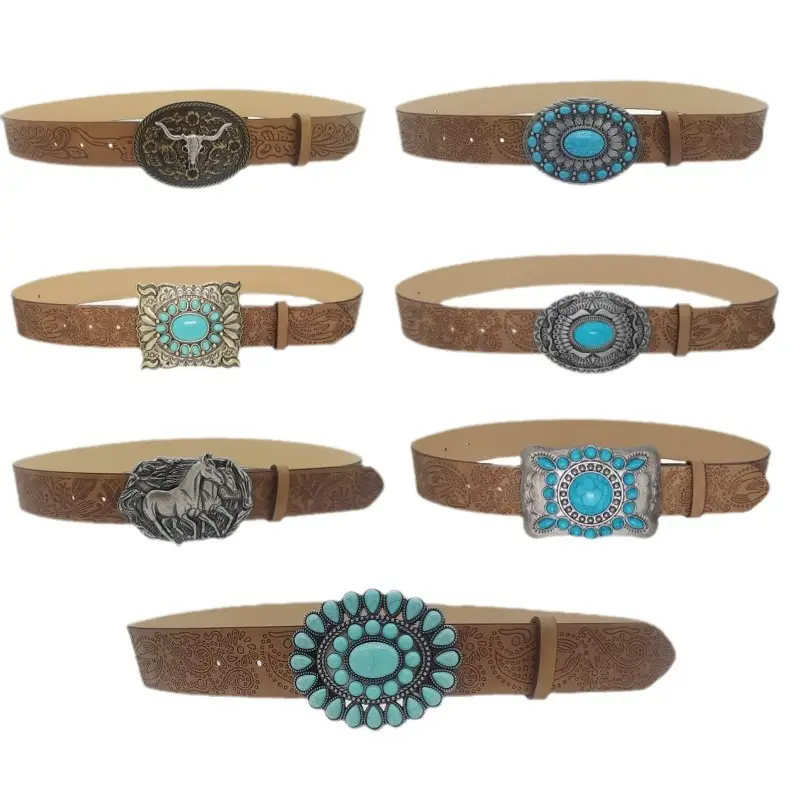 Women's Turquoise Floral Belt with Brown Leather Strap - Image 8