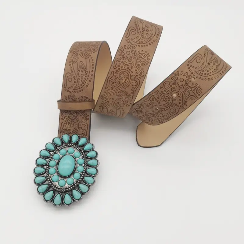 Women's Turquoise Floral Belt with Brown Leather Strap — feature 10