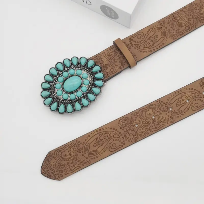 Women's Turquoise Floral Belt with Brown Leather Strap — feature 11