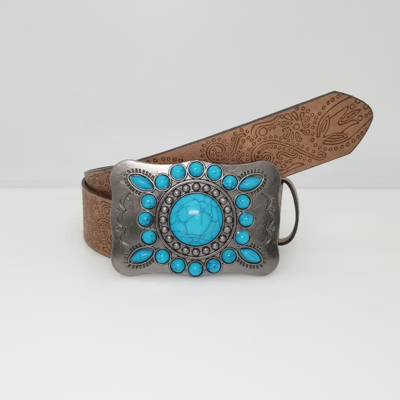 Women's Turquoise Floral Belt with Brown Leather Strap — feature 16