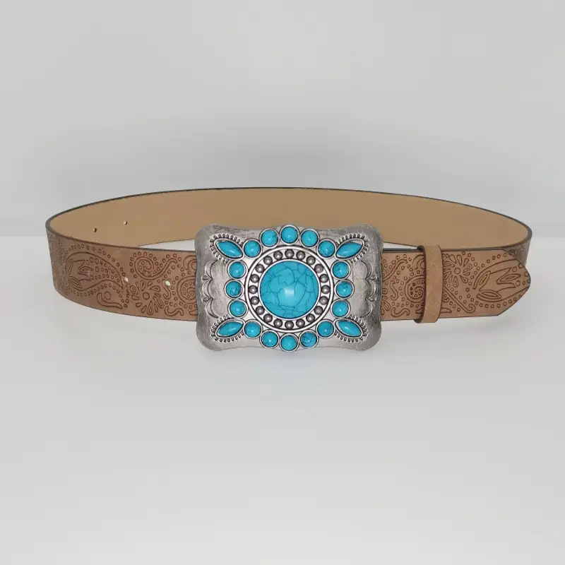 Women's Turquoise Floral Belt with Brown Leather Strap — feature 17