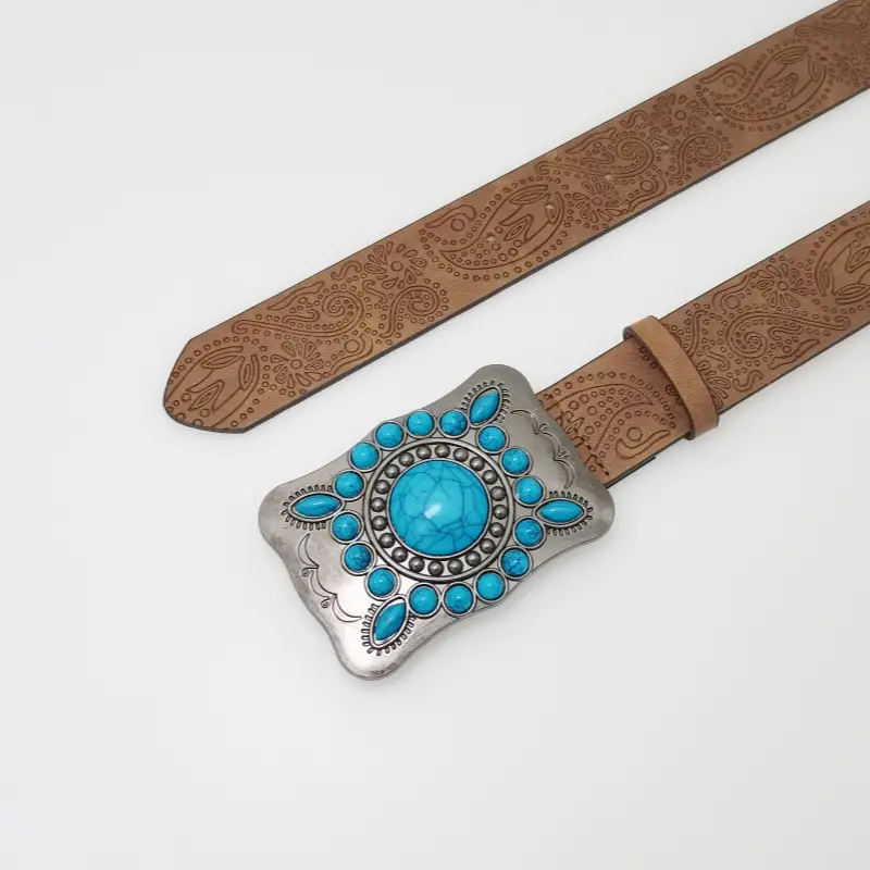 Women's Turquoise Floral Belt with Brown Leather Strap — feature 18
