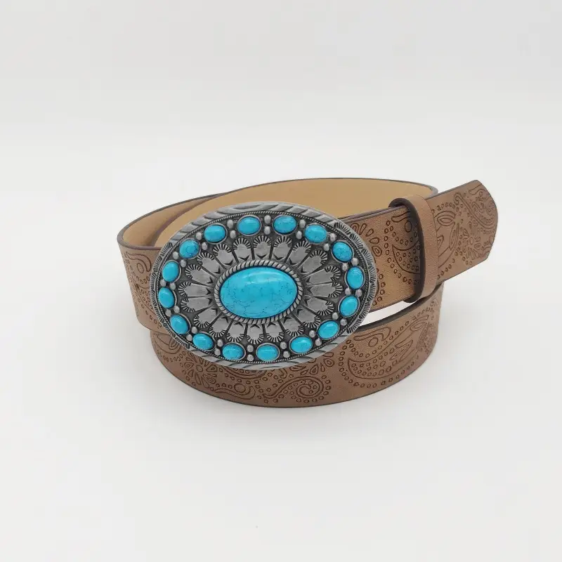 Women's Turquoise Floral Belt with Brown Leather Strap — feature 19