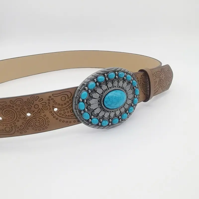 Women's Turquoise Floral Belt with Brown Leather Strap — feature 20