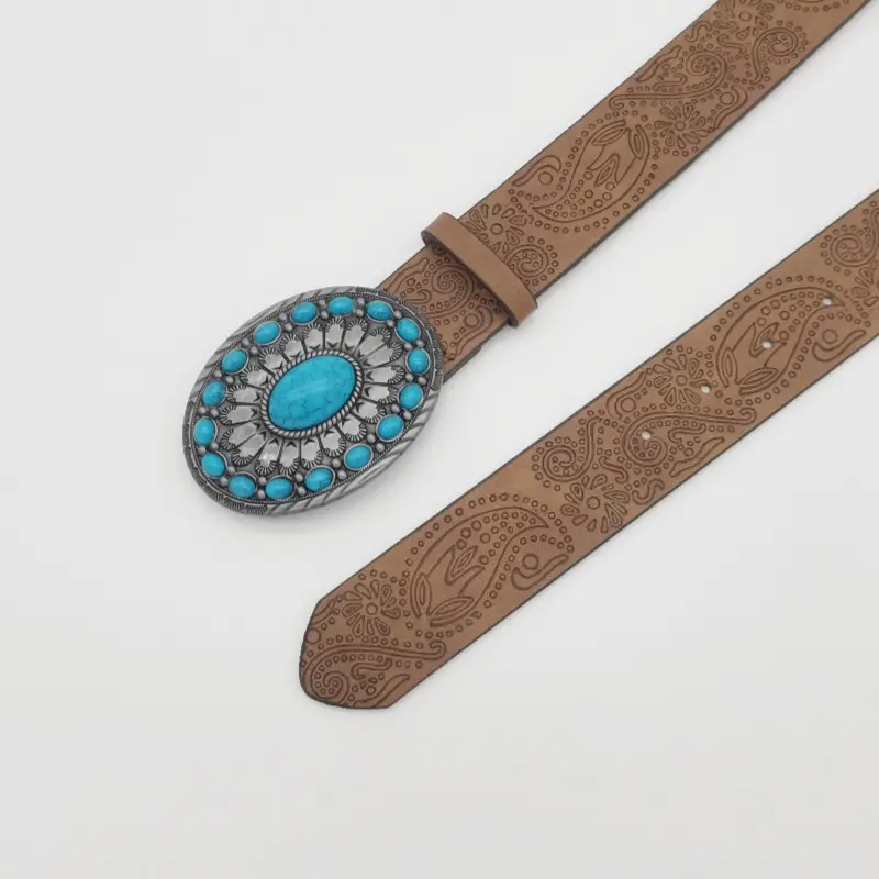 Women's Turquoise Floral Belt with Brown Leather Strap — feature 21