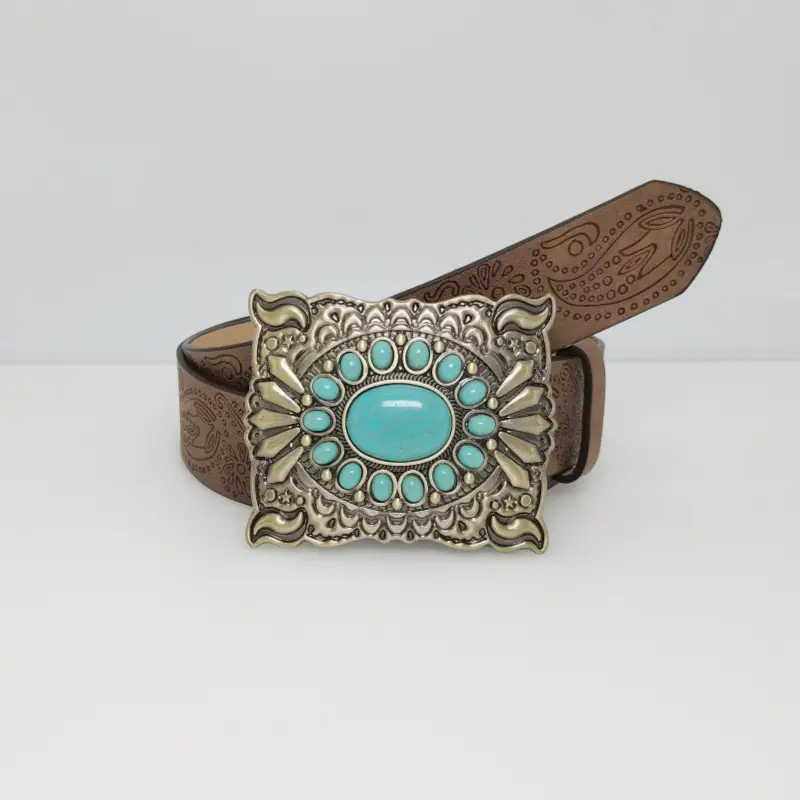 Women's Turquoise Floral Belt with Brown Leather Strap — feature 22