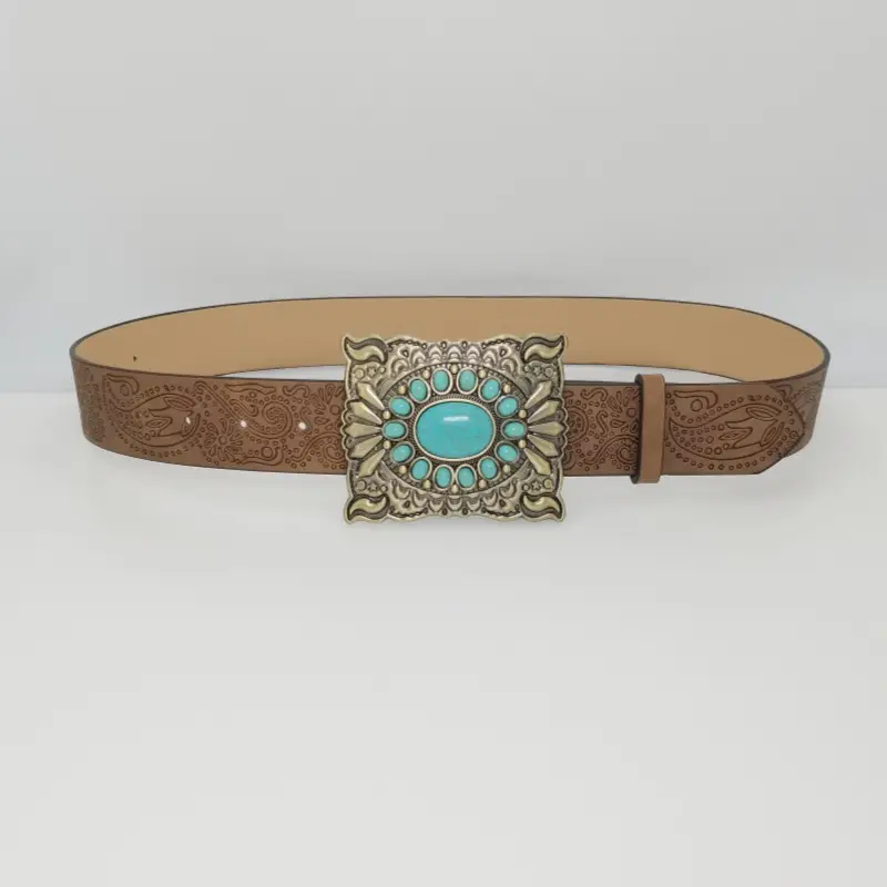 Women's Turquoise Floral Belt with Brown Leather Strap — feature 23