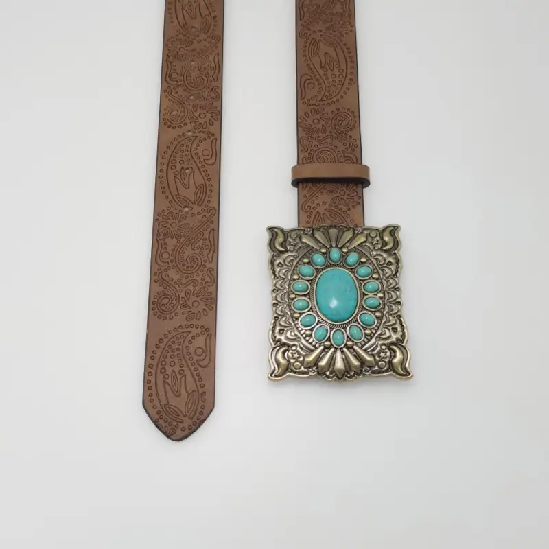 Women's Turquoise Floral Belt with Brown Leather Strap — feature 24