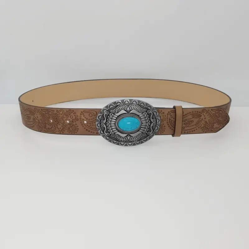 Women's Turquoise Floral Belt with Brown Leather Strap — feature 25