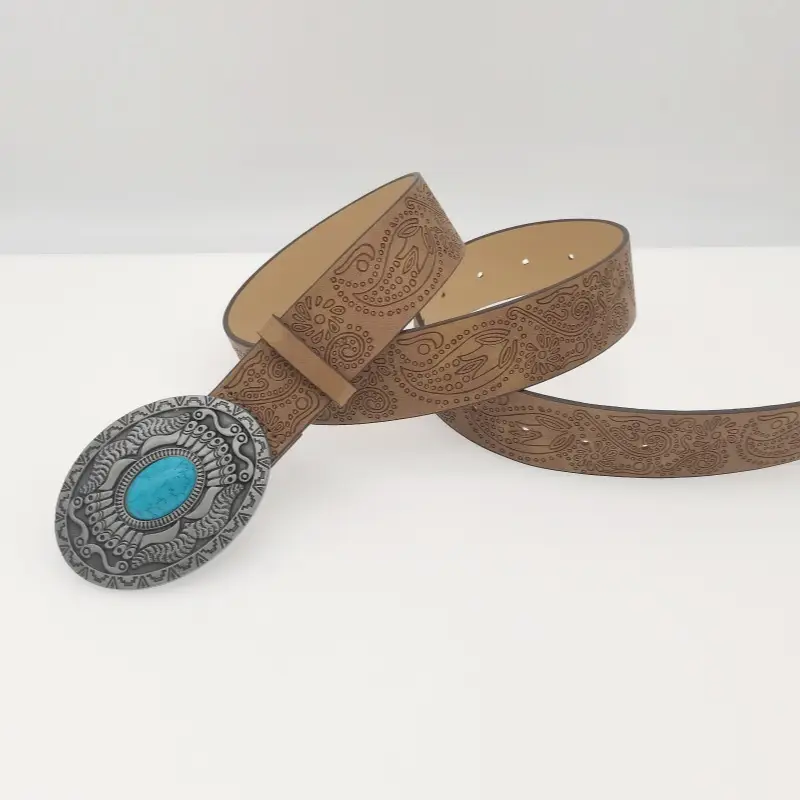 Women's Turquoise Floral Belt with Brown Leather Strap — feature 26