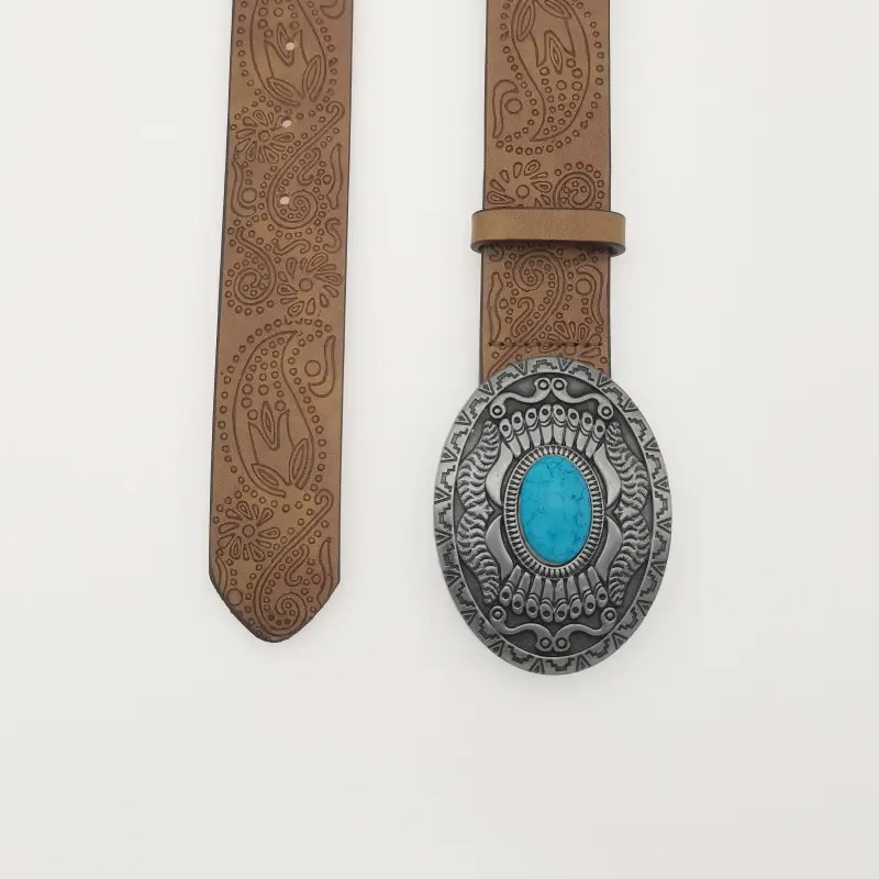 Women's Turquoise Floral Belt with Brown Leather Strap — feature 28