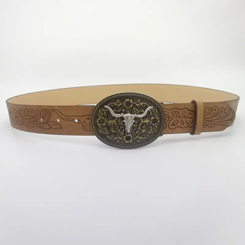 Women's Turquoise Floral Belt with Brown Leather Strap — feature 3