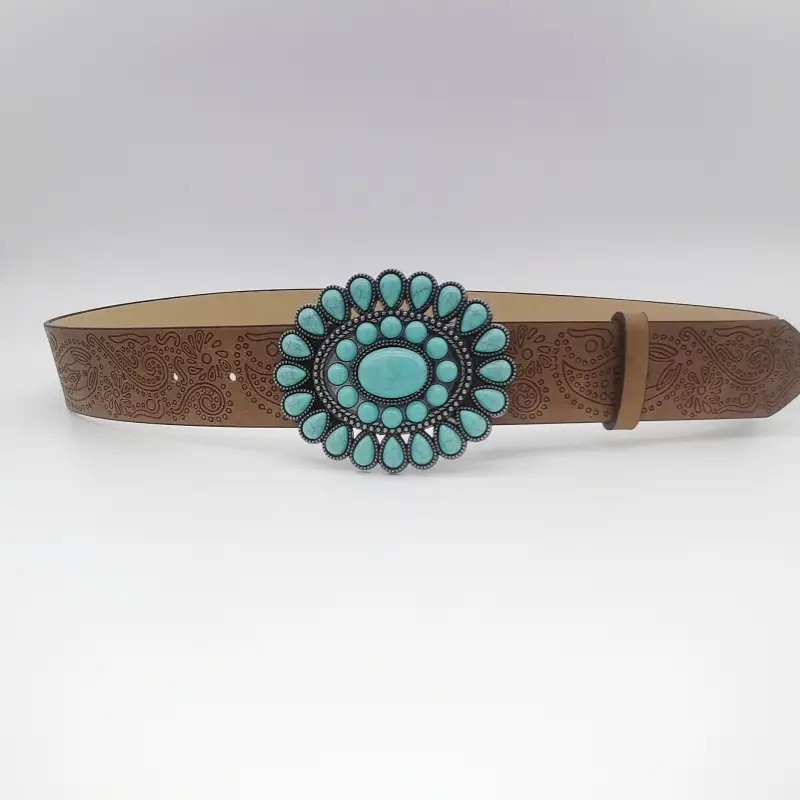 Women's Turquoise Floral Belt with Brown Leather Strap — feature 8