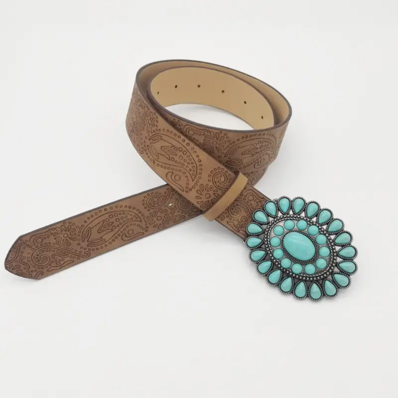 Women's Turquoise Floral Belt with Brown Leather Strap — feature 9