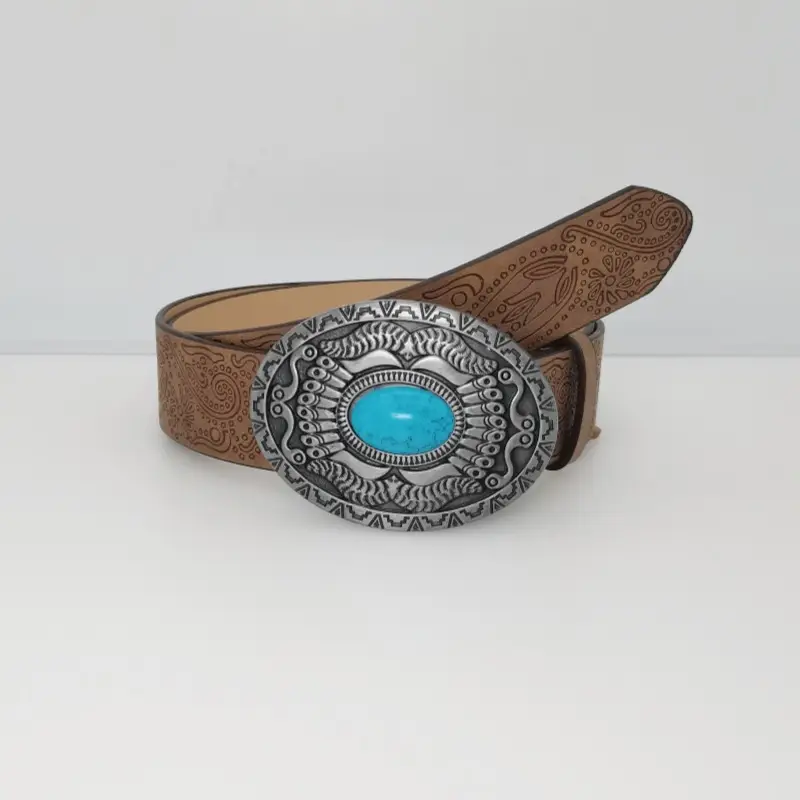 Women's Turquoise Floral Belt with Brown Leather Strap - Image 6