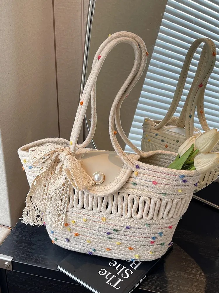 Women's Braided Woven Shoulder Bag with Pearl Clip