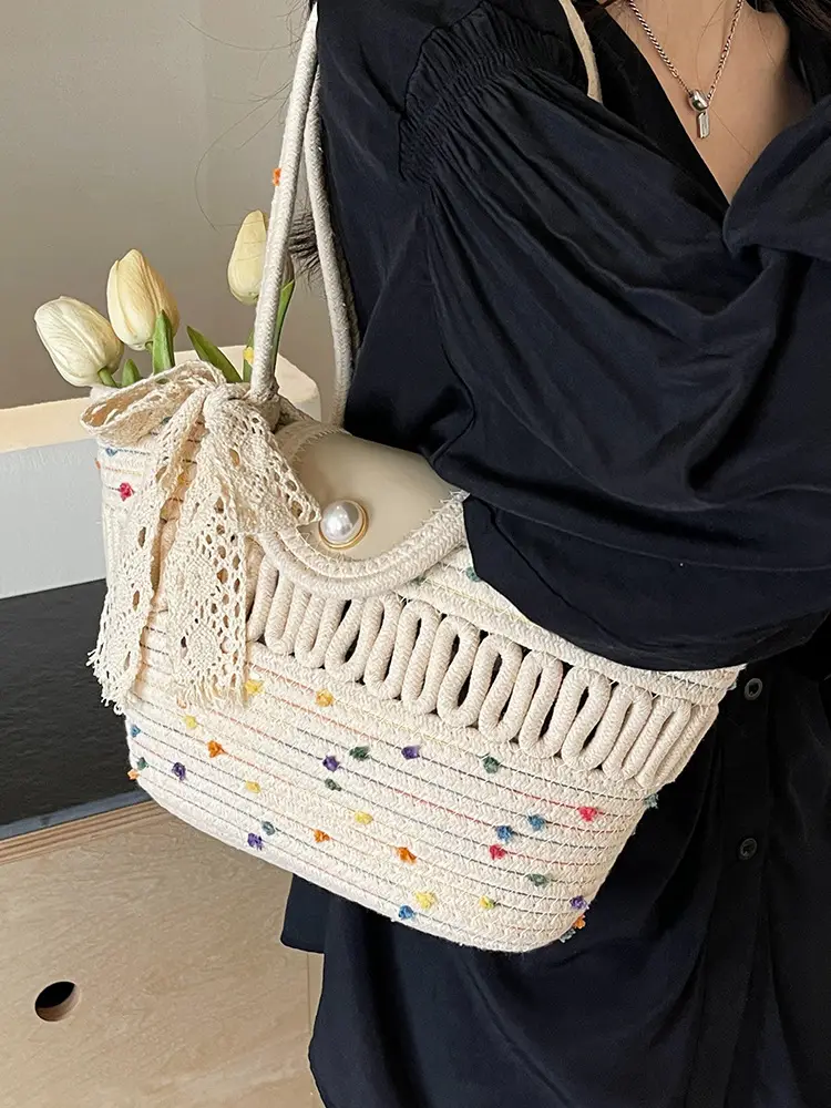 Women's Braided Woven Shoulder Bag with Pearl Clip