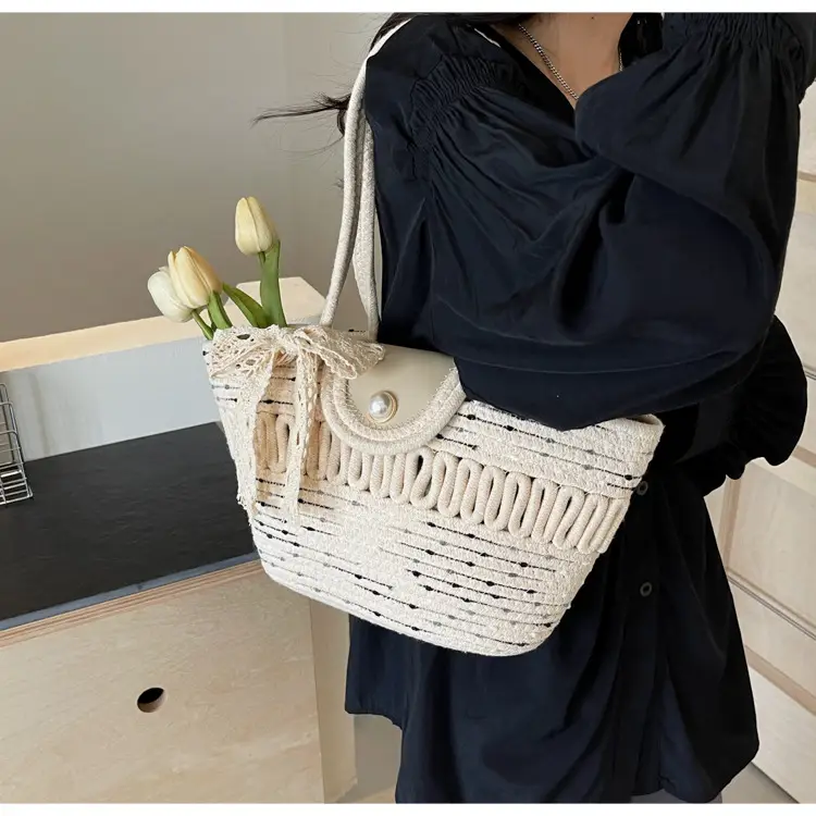 Women's Braided Woven Shoulder Bag with Pearl Clip — feature 14