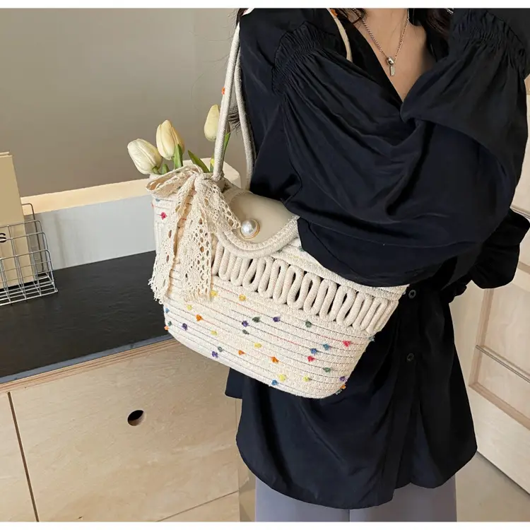 Women's Braided Woven Shoulder Bag with Pearl Clip — feature 20