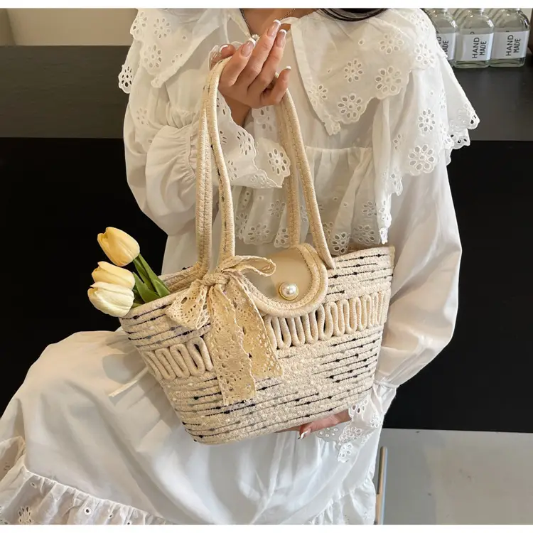Women's Braided Woven Shoulder Bag with Pearl Clip — feature 26