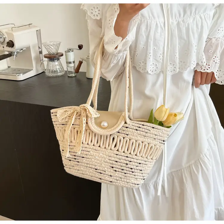 Women's Braided Woven Shoulder Bag with Pearl Clip — feature 29