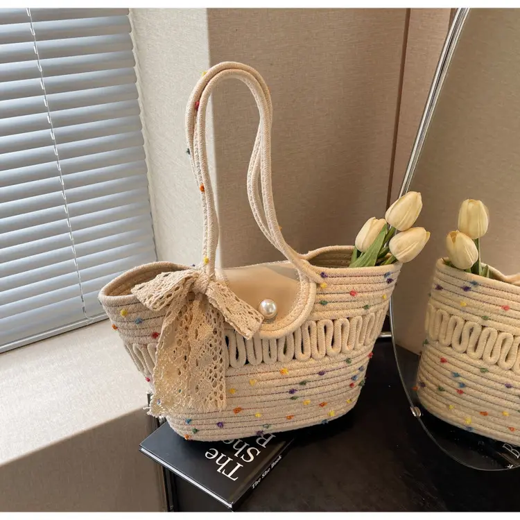 Women's Braided Woven Shoulder Bag with Pearl Clip — feature 42
