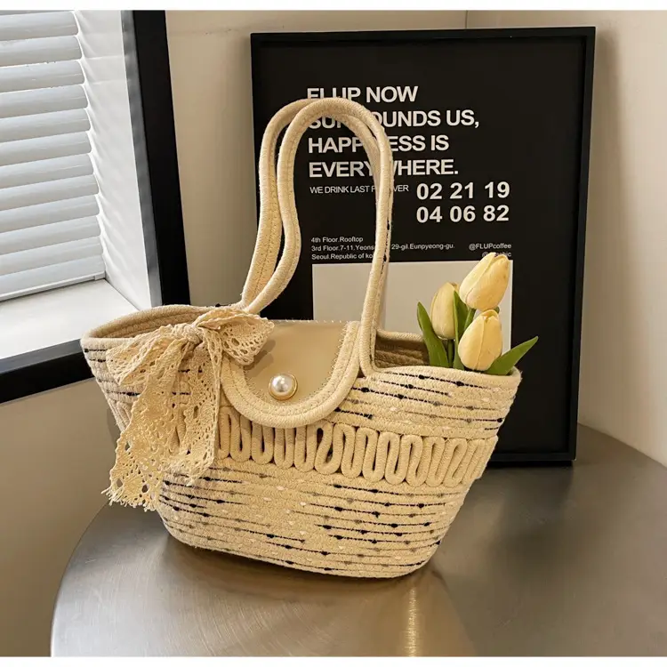 Women's Braided Woven Shoulder Bag with Pearl Clip — feature 44