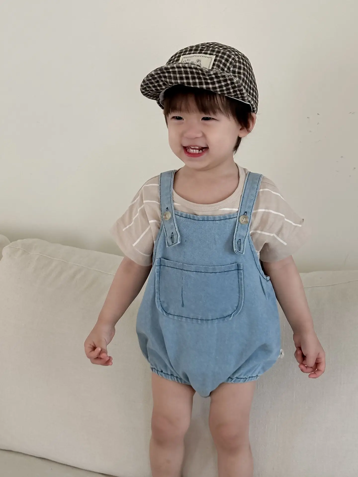 Baby Blue Overalls Hat Shorts Suit Korean Kids Summer Wear - Image 3