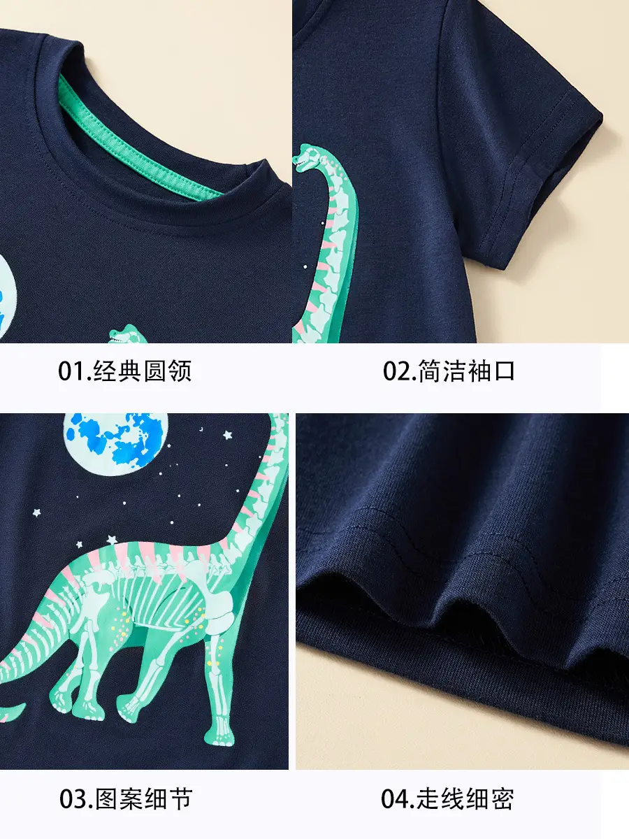Kids Dinosaur Graphic T-Shirt Navy Blue 2025 Summer - Image 6