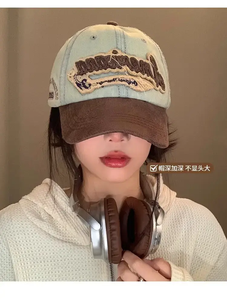 American Retro Denim Cap Women Big Head Wide Brim — feature 3