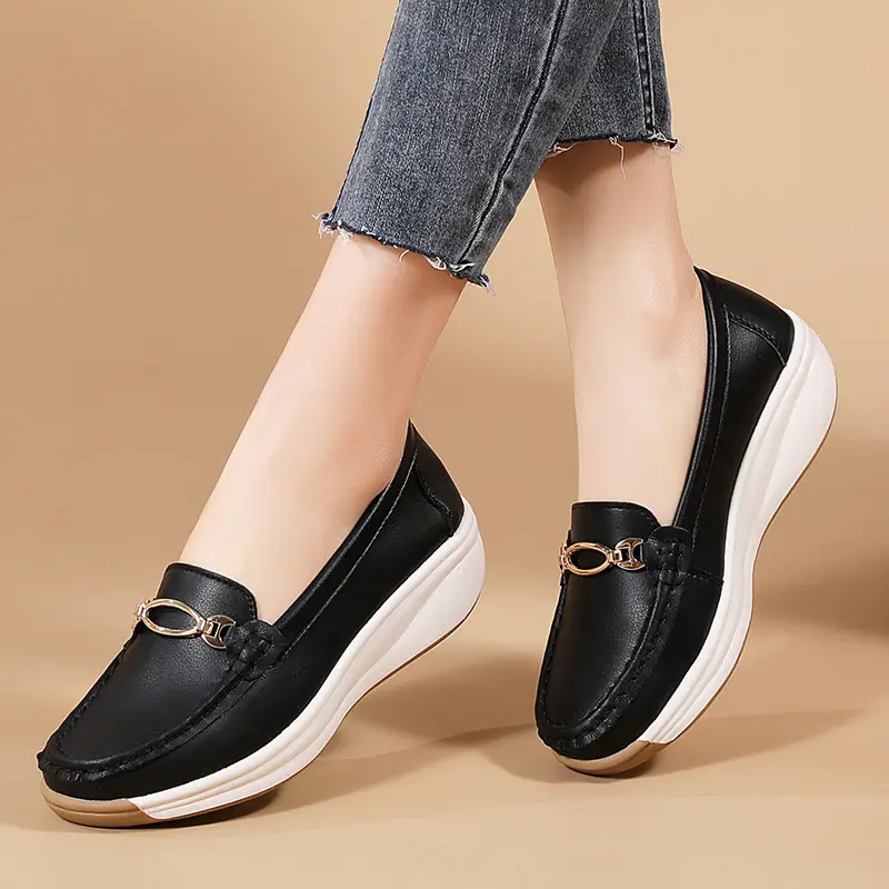 Cross-Border European and American Large Size Women's Shoes Spring and Autumn New Fashion Thick-Soled Platform Shoes Metal Buckle Wedge Heel Shallow Mouth Mother's Shoes