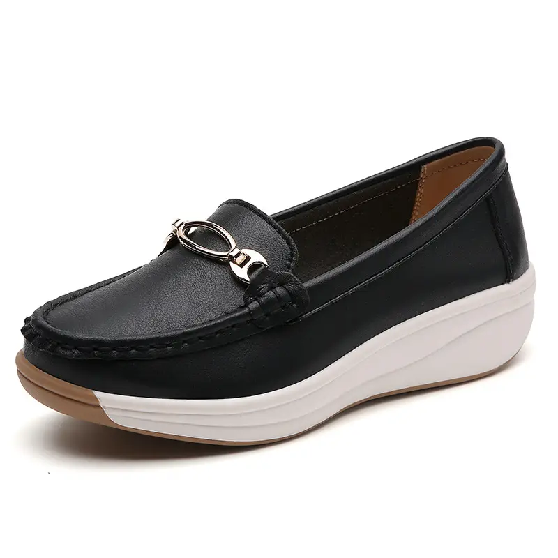 Cross-Border European and American Large Size Women's Shoes Spring and Autumn New Fashion Thick-Soled Platform Shoes Metal Buckle Wedge Heel Shallow Mouth Mother's Shoes