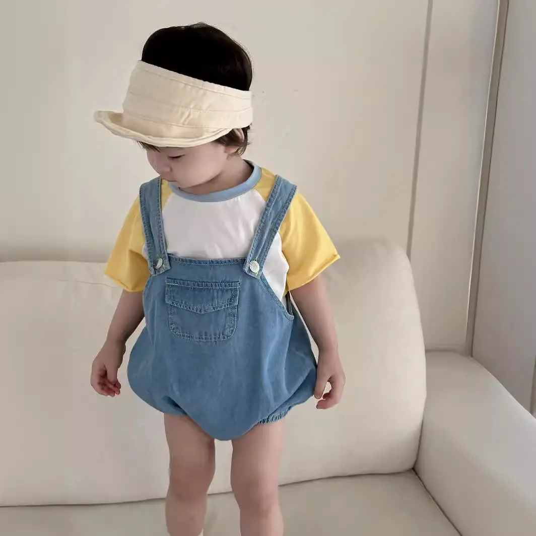 Kids Korean Style Summer T-Shirt Denim Overalls Set