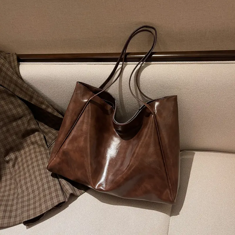 Women's Large Capacity Leather Tote Bag Brown Retro Casual - Image 6