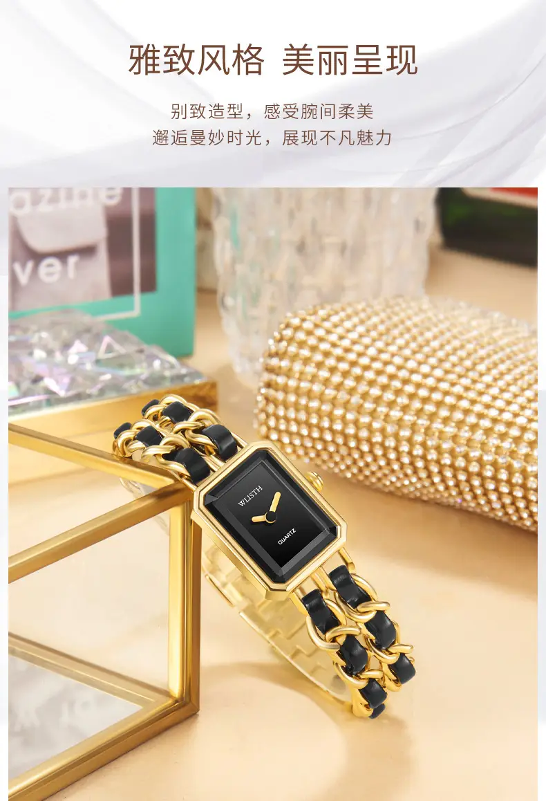 Women's Rose Gold Quartz Watch with Black Strap — feature 2