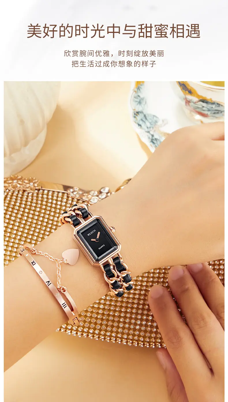 Women's Rose Gold Quartz Watch with Black Strap — feature 5