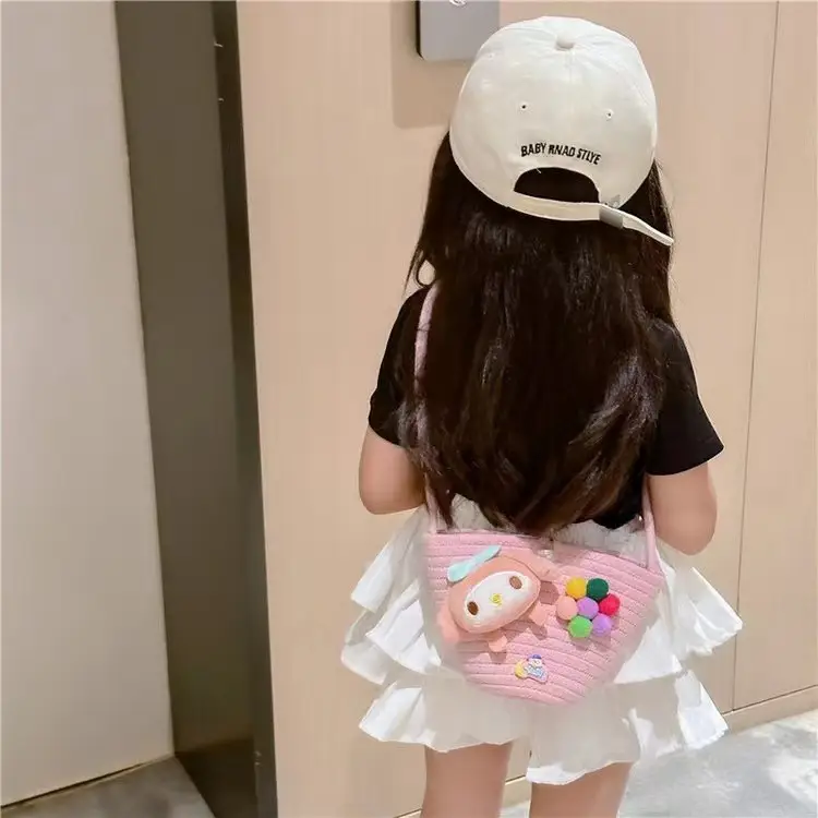 Girls Cartoon Straw Shoulder Bag with Colorful Pom Pom - Image 10