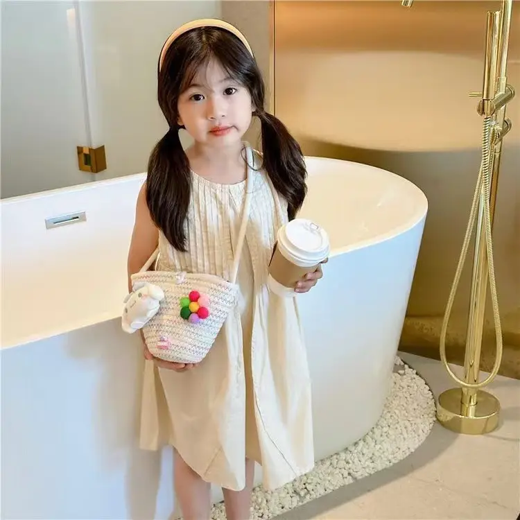 Girls Cartoon Straw Shoulder Bag with Colorful Pom Pom - Image 11