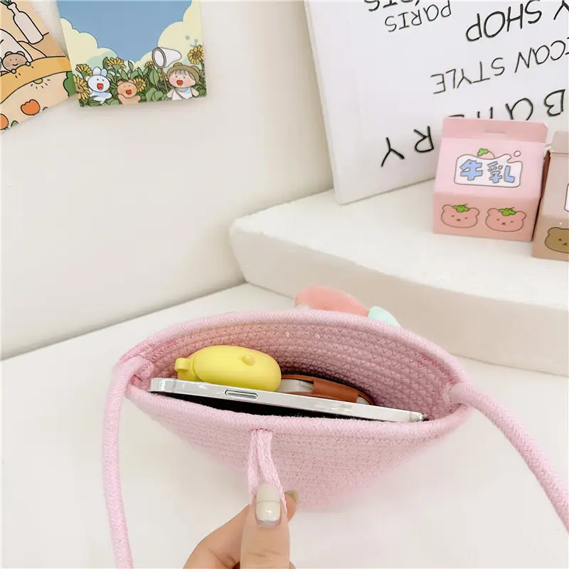 Girls Cartoon Straw Shoulder Bag with Colorful Pom Pom - Image 12