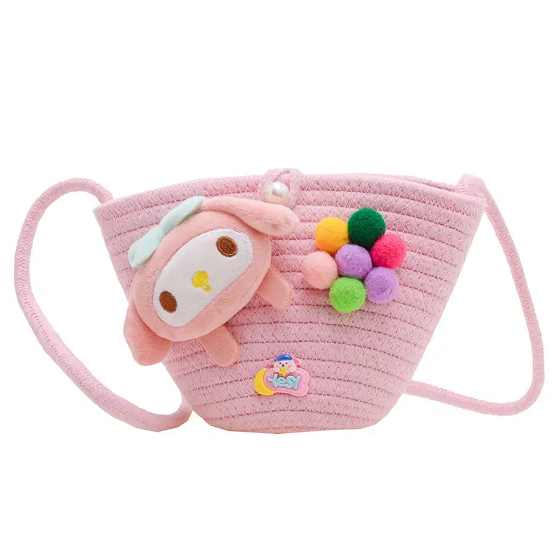 Girls Cartoon Straw Shoulder Bag with Colorful Pom Pom - Image 13