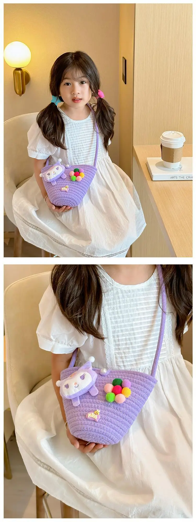 Girls Cartoon Straw Shoulder Bag with Colorful Pom Pom — feature 10