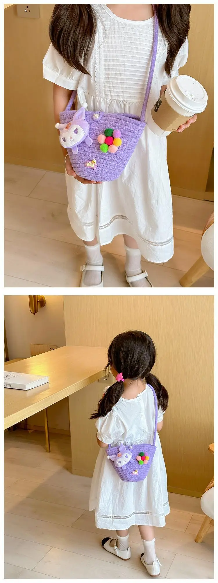 Girls Cartoon Straw Shoulder Bag with Colorful Pom Pom — feature 12