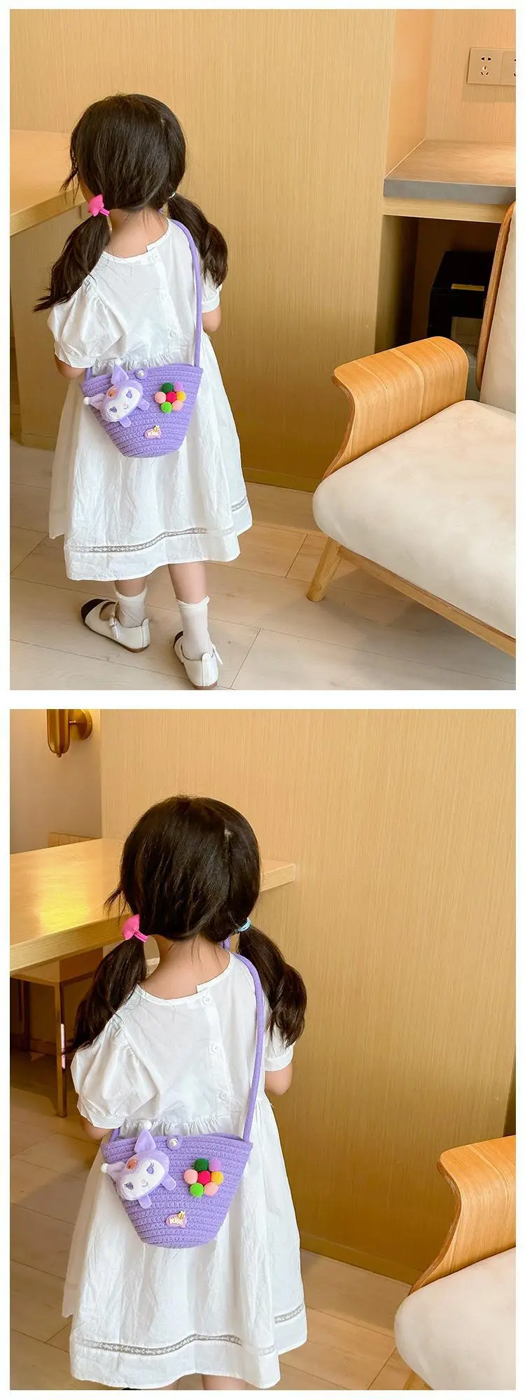 Girls Cartoon Straw Shoulder Bag with Colorful Pom Pom — feature 13
