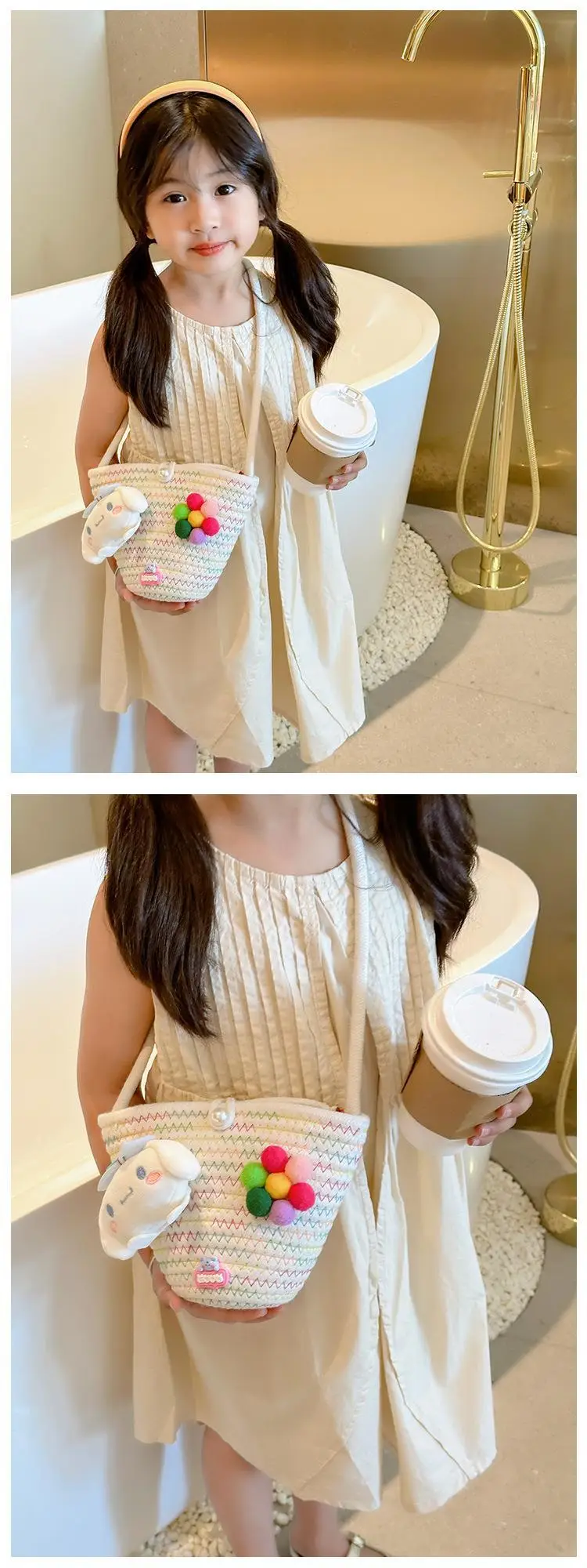 Girls Cartoon Straw Shoulder Bag with Colorful Pom Pom — feature 17