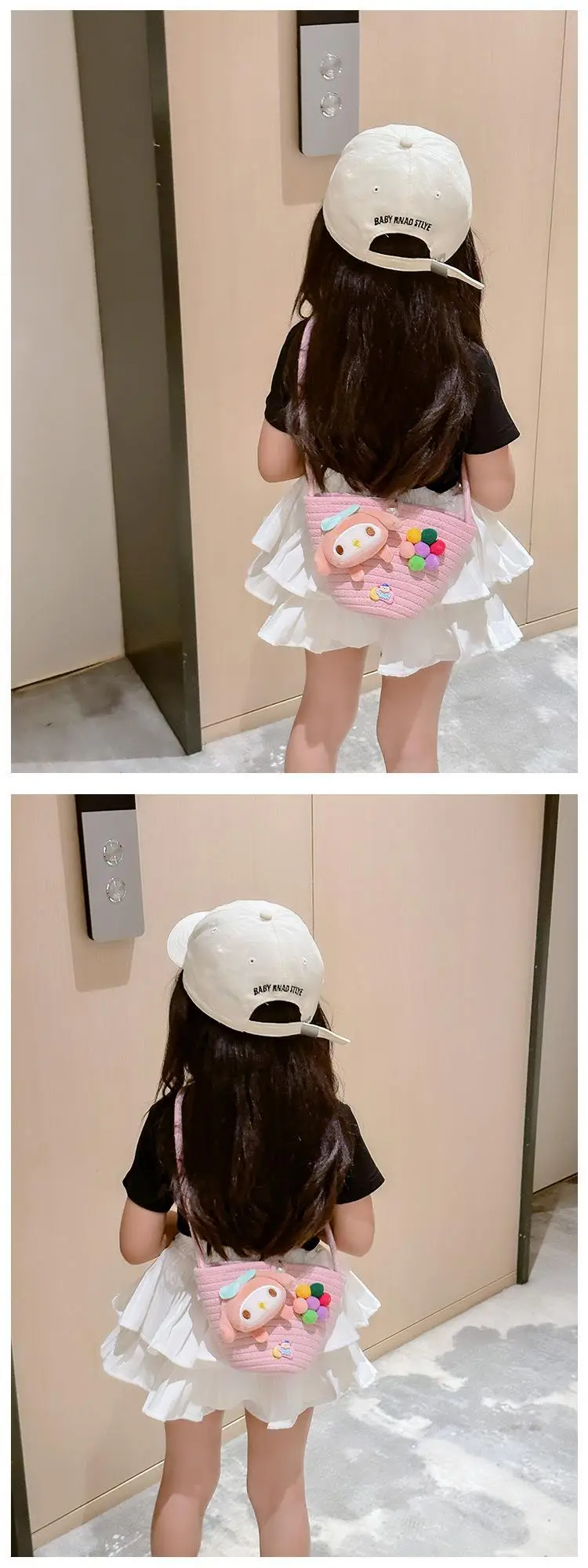 Girls Cartoon Straw Shoulder Bag with Colorful Pom Pom — feature 24