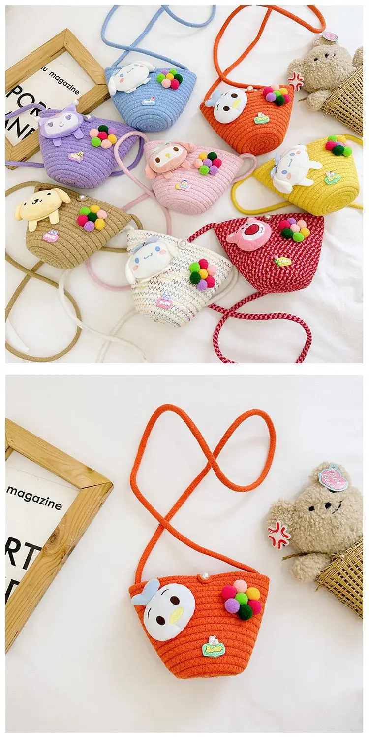 Girls Cartoon Straw Shoulder Bag with Colorful Pom Pom — feature 26