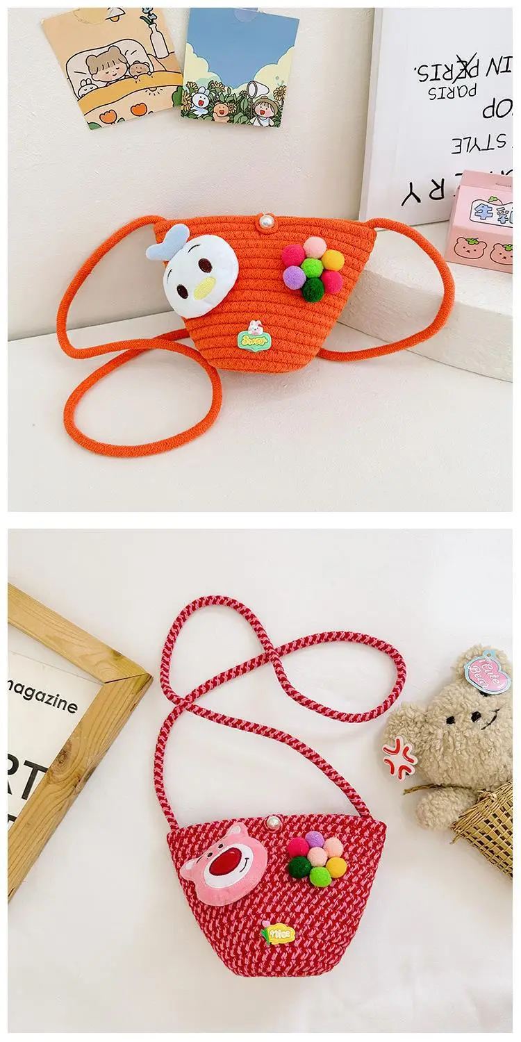 Girls Cartoon Straw Shoulder Bag with Colorful Pom Pom — feature 27