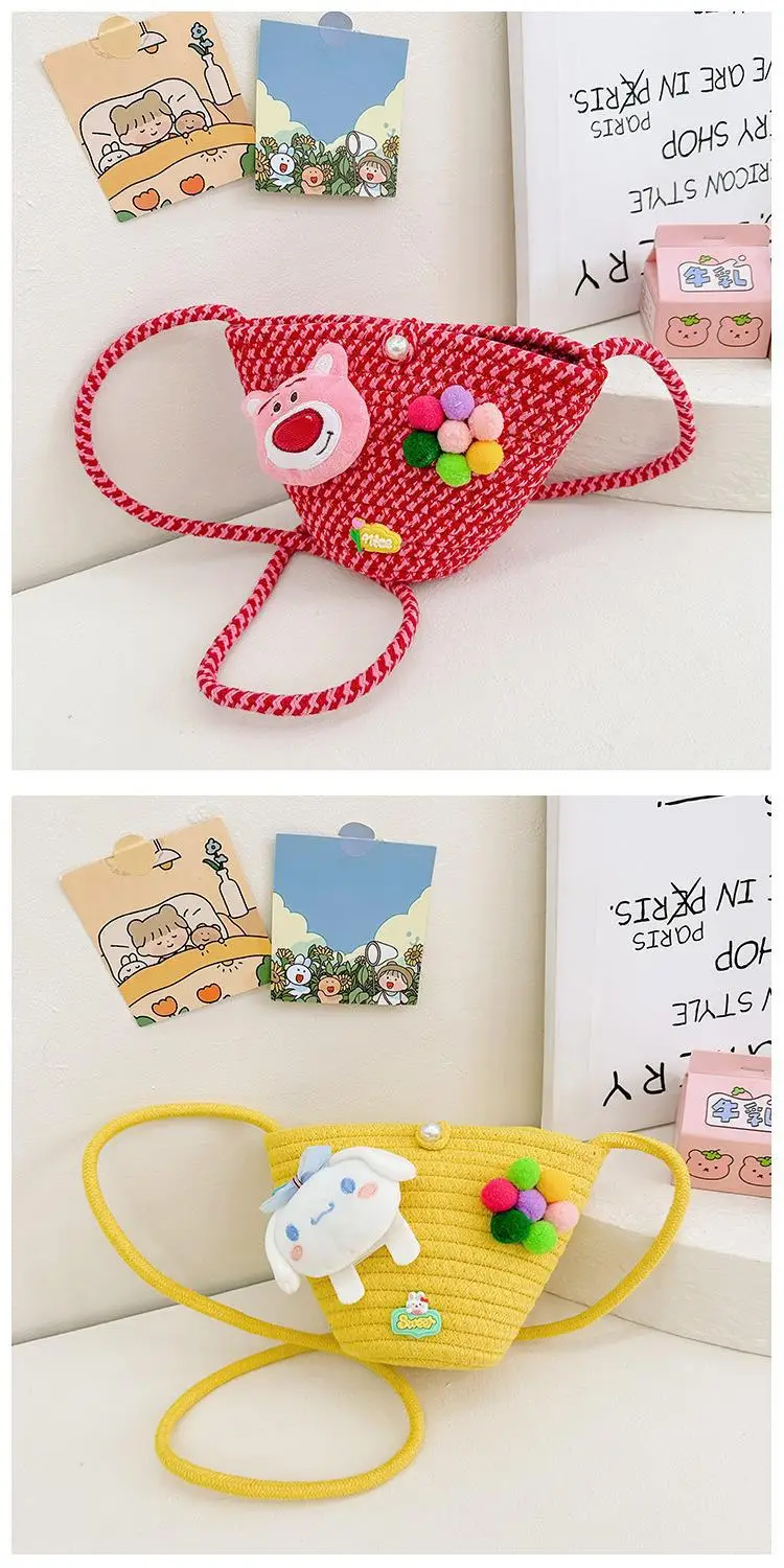 Girls Cartoon Straw Shoulder Bag with Colorful Pom Pom — feature 28